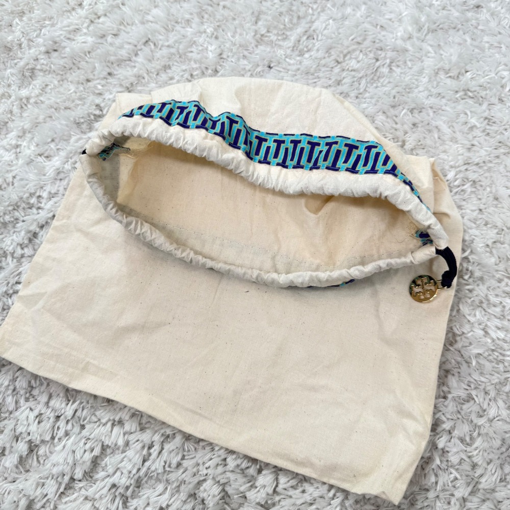 Tory Burch Dust Bag Drawstring Logo Charm Travel Storage Beige Blue 14x12 - Picture 4 of 6